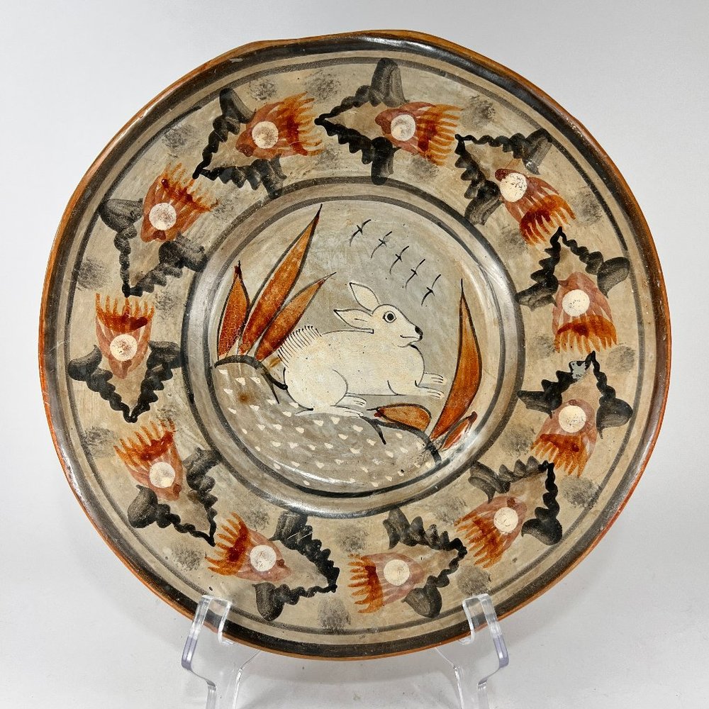 Vtg Tlaquepaque Tonala Mexico Hand Painted Plate Folk Pottery Rabbit Wall Art